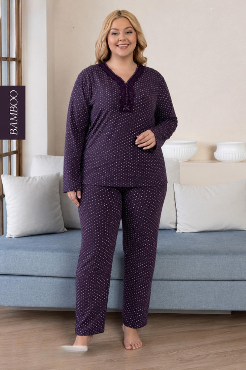 Kadın Büyük Beden Dantel Yaka Bambu Uzun Kol İnce Pijama Takımı 8107M - 1 Adet