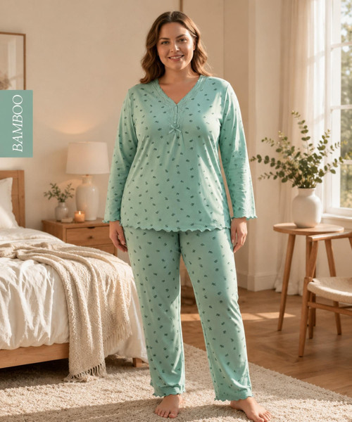Kadın Büyük Beden Dantel Yaka Bambu Uzun Kol İnce Pijama Takımı 8141Y - 1 Adet
