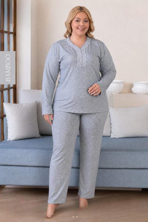 Kadın Büyük Beden Dantel Yaka Bambu Uzun Kol İnce Pijama Takımı 8116G - 1 Adet