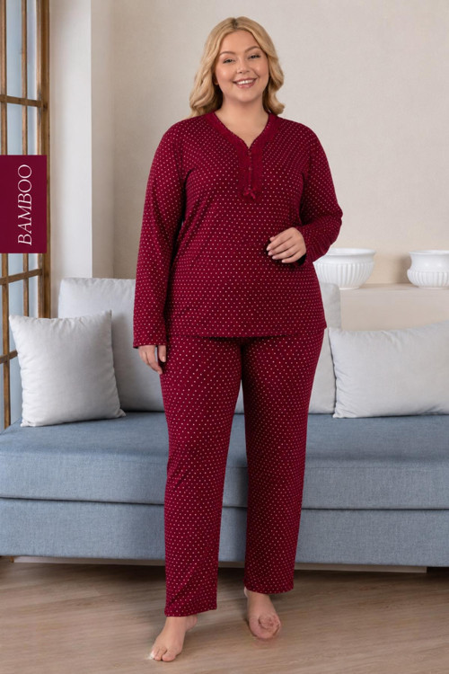 Kadın Büyük Beden Dantel Yaka Bambu Uzun Kol İnce Pijama Takımı 8110B - 1 Adet
