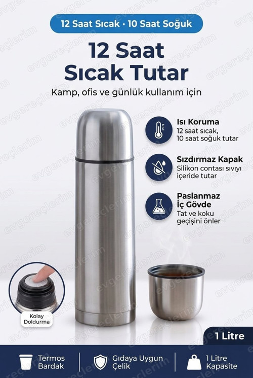 Çelik Termos 1 Litre Sıcak Tutan Ofis ve Seyahat Termosu