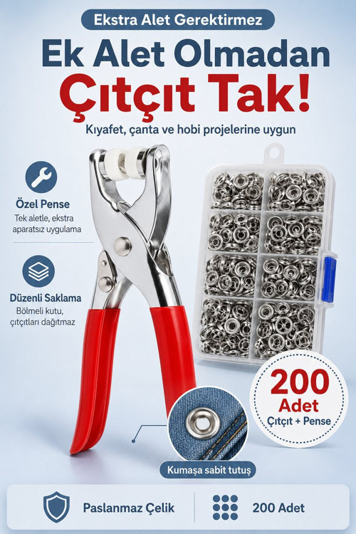 Tente Çıtçıtı Paslanmaz Çelik Metal Takma Seti ve Pense 200 Adet