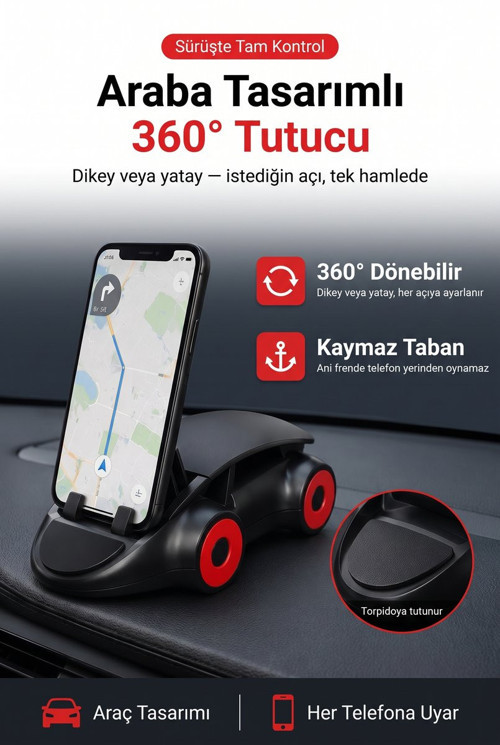 360 Derece Dönebilen Ayarlı Araç İçi Araba Telefon Tutucu