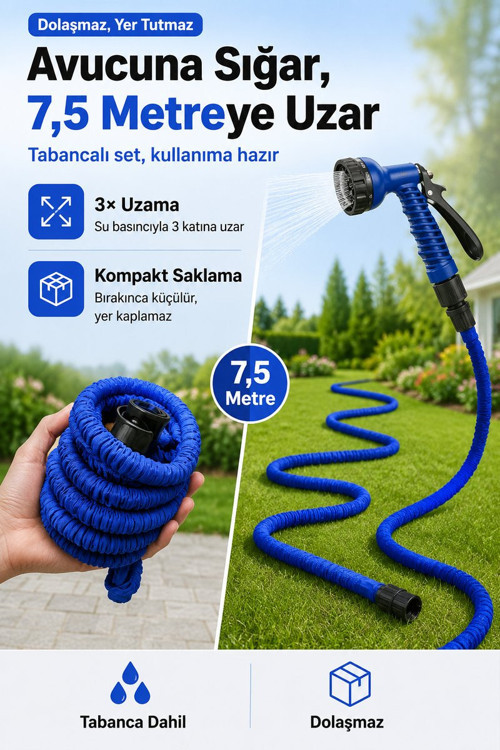 Uzayan Bahçe Hortumu Tabancalı Sulama Hortumu 7.5 Metre