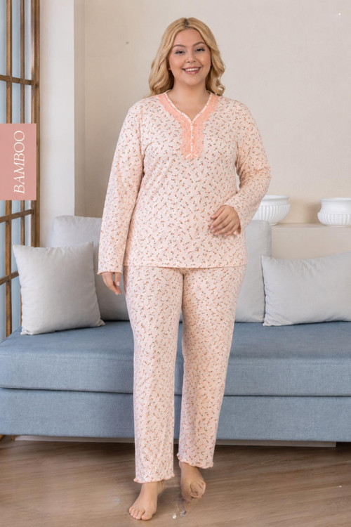 Kadın Büyük Beden Dantel Yaka Bambu Uzun Kol İnce Pijama Takımı 8109P - 1 Adet