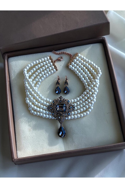 Baget Ve Su Damlası İnci Choker Tasma Kolye ve Küpe Seti