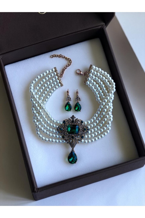Baget Ve Su Damlası inci Choker Kolye ve Küpe Seti
