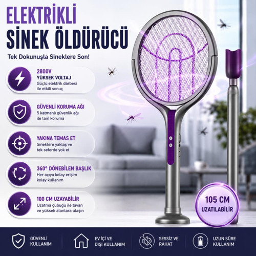 2800W Şarjlı Elektriki Sivrisinek Öldürücü Raket Sineksavar 5 Katmanlı Uv Işıklı Teleskopic Sinek Raketi