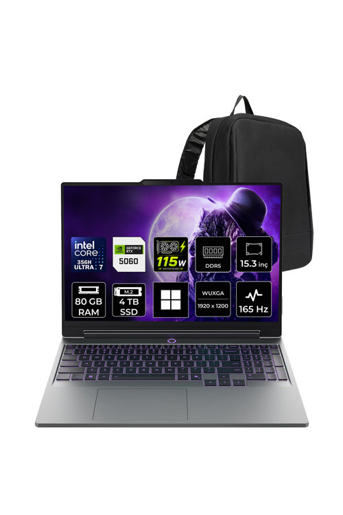 LOQ 15IPH11 Core Ultra 7 356H RTX 5060 8GB 115W 80GB RAM 4TB SSD 15.3" WUXGA (1920x1200) IPS 300nits 165Hz Win11 Home 83SL001ATRP407 Gaming Laptop + PER4 Çanta