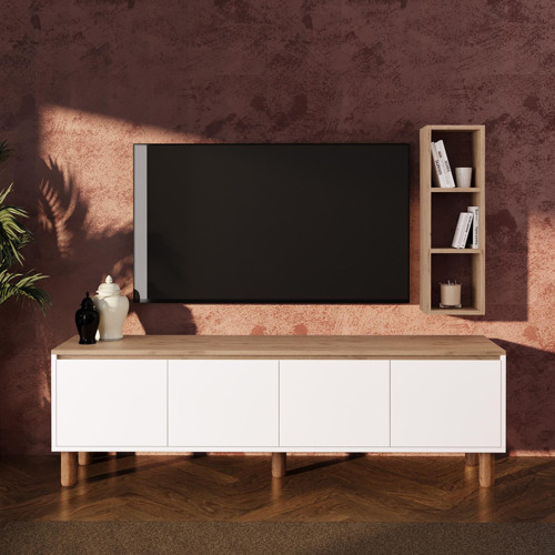 G4110 Terra Duvar Raflı 180 cm Tv Ünitesi, Sepet-Beyaz Yüksek Ayaklı 4 Kapaklı Televizyon Sehpası