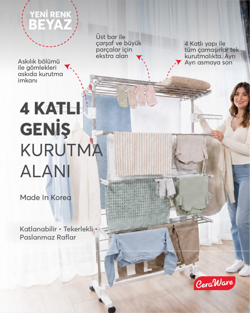 Home S4 Premium 4 Katlı BEYAZ Çamaşırlık Made in Korea Tam Katlanır Tekerlekli Çamaşır Kurutmalık