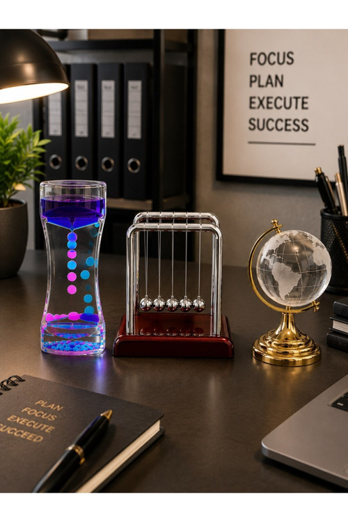 3'lü Set İş Ofis Hediyesi Zarif Dekoratif Newton Sarkaç Kristal Gold Dünya Küre Damla Sıvı Kum Saati