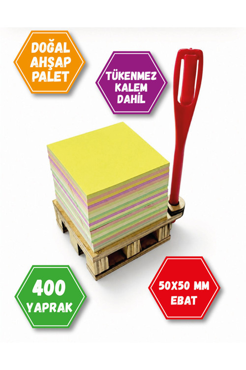 Ahşap Paletli Karışık Renklerde Sticky Notes, Arkası Yapışkanlı Bloknot (400 Yaprak) 50x50mm Ebat