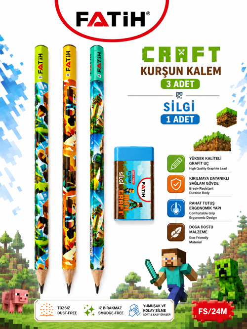Fatih Mini Craft Kurşun Kalem Seti 3, B Mini Craft Kurşun Kalem 1 Mini Craft Silgi Okul Kırtasiye Seti