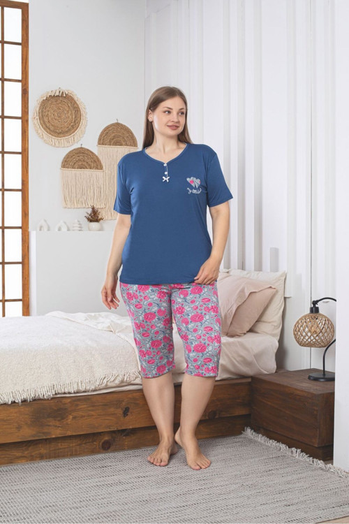 Büyük Beden Likralı Penye Kumaş Kapri Pijama Takım
