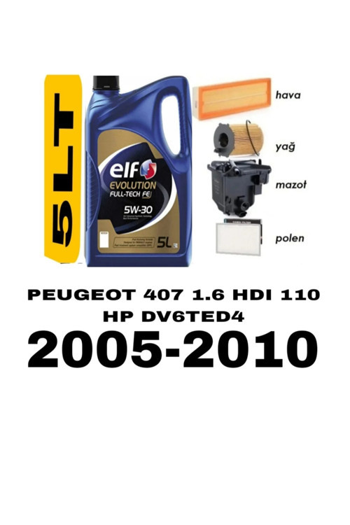Peugeot 407 1.6 Dizel Kw80 Hp109 Yağ Bakım Seti 2004-2011-9HZ (DV6TED4) +ELF 5W30 5LT 2025 5Lİ SET