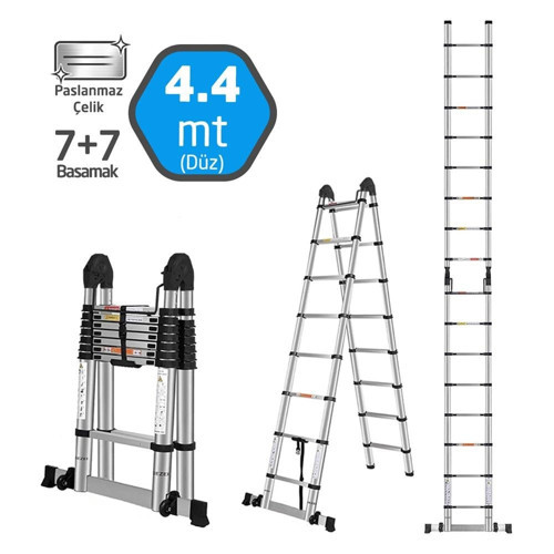 Paslanmaz Çelik A Tipi Teleskopik Merdiven 7+7 (14 Basamak) 4.4 Metre 504335