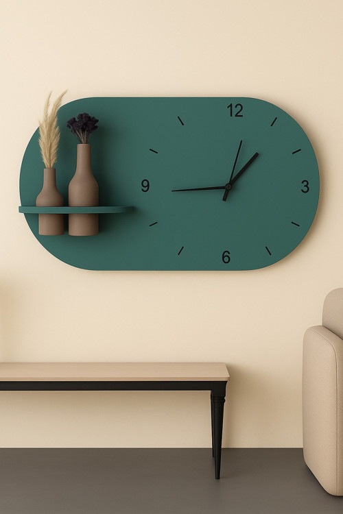 Modern Tasarım Raflı Nera Duvar Saati 75X45 Yeşil
