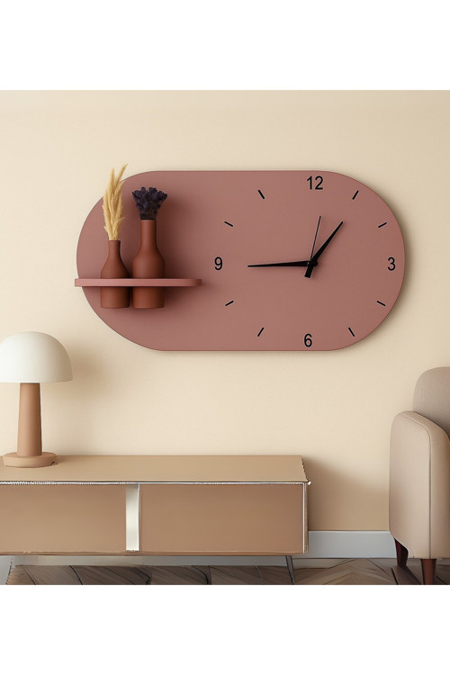 Modern Tasarım Raflı Nera Duvar Saati 75X45 Gül Kurusu