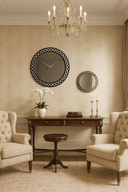 Silver Ayrıntılı Yuvarlak Aynalı Duvar Saati Seti - Dekoratif Gümüş Modern Ayna Saat (40 Cm + 20 Cm)