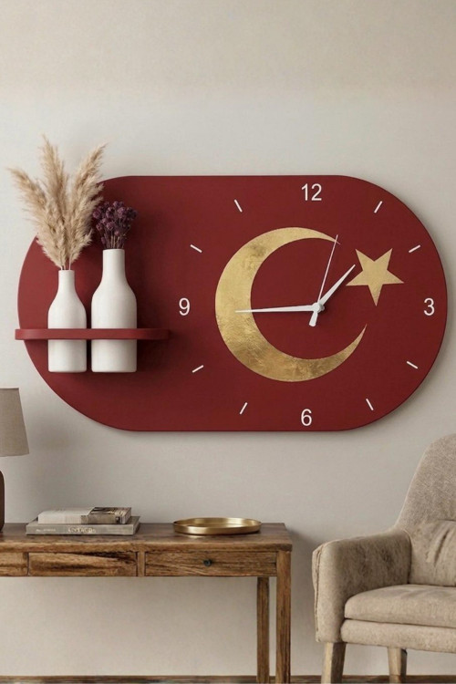 Modern Tasarım Raflı Ay Yıldız Bayrak Temalı Nera Duvar Saati 60X35