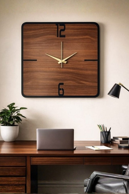 Dekoratif Kare Duvar Saati Ahşap Modern Sessiz Mekanizmalı Ev Ofis Salon 30X30 Cm