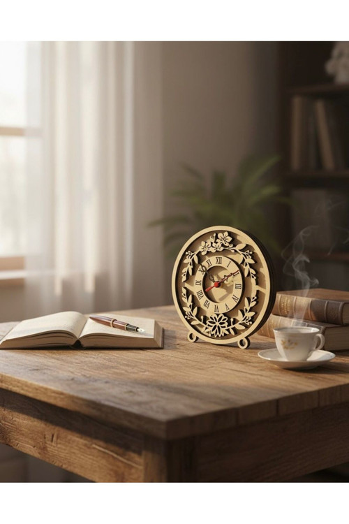 Doğal Ahşap Çiçek Desenli Masa Saati 20X20