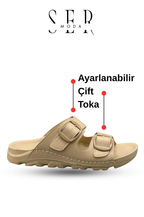 Kadın Terlik – Esnek Anatomik Tabanlı Ayarlanabilir Çift Tokalı Kadın Terlik Krem