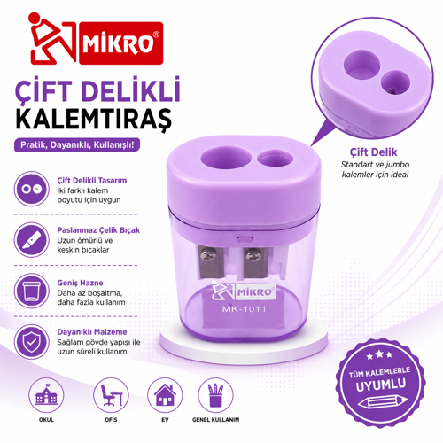 Mikro Çift Delikli Kalemtıraş 1 Adet Hazneli Standart ve Jumbo Kalem Uyumlu MK-1011