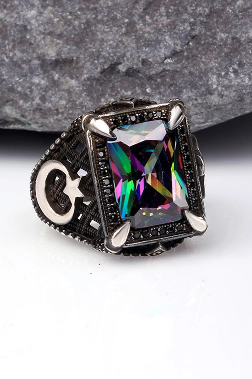 925 Ayar Gümüş Mistik Topaz Taşlı Ayyıldız Motifli Erkek Yüzük Silver