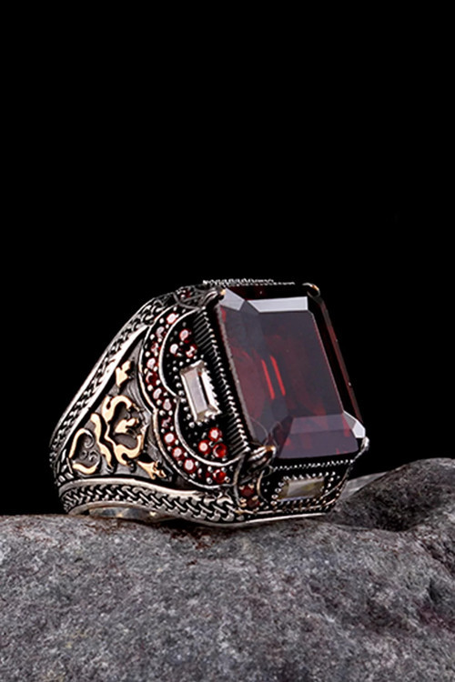 925 Ayar Gümüş Kırmızı Zirkon Taşlı Erkek Yüzük Silver