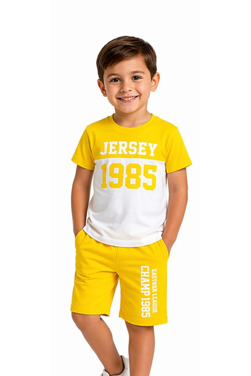 Erkek Çocuk Jersey Yazı Desenli Sarı Renk Şortlu İkili Takım