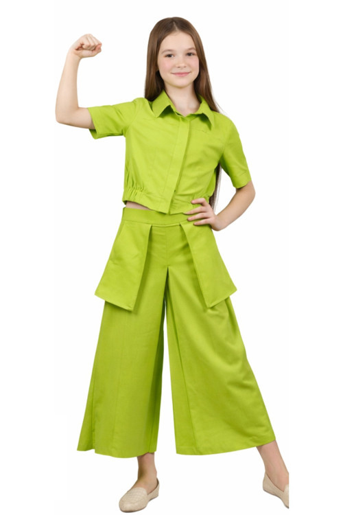 Kız Çocuk Geniş Paça Bilek Boy Pantolon Model Torba Cepli Crop Gömlekli Fıstık Yeşili Keten İkili Takım