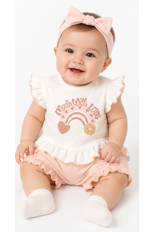 Kız Bebek Kolları Fırfırlı Love Yazılı Tişört Şortu Fırfırlı Müslin Kumaş Pudra Renk Takım