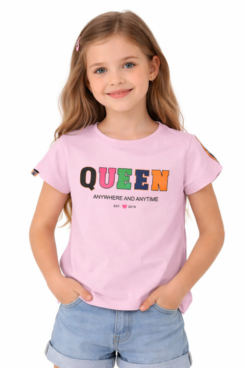 Kız Çocuk Queen Yazı Desenli Omzu Şerit Detaylı Kısa(Crop) Pembe Renk Tişört
