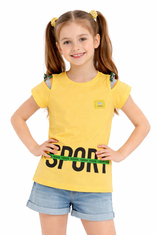 Kız Çocuk Sport Yazı Desenli Omuz Detaylı Sarı Renk Tişört