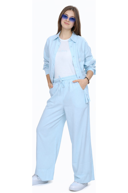 Kız Çocuk Gabardin Kumaş Ceket Pantolon Askılı Badi Bebe Mavisi Renk Oversize Kalıp Tarz Üçlü Takım