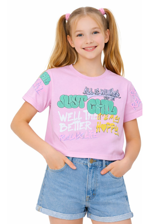 Kız Çocuk Just Chill Yazı Desenli Kısa Model (Crop) Pembe Renk Tişört