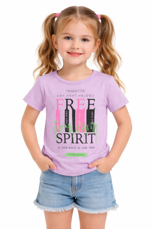 Kız Çocuk Free Spirit Yazı Desenli Lila Renk Kısa Kol Tişört