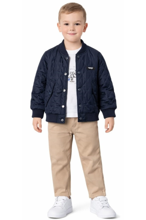 Erkek Çocuk Kapitone Çıtçıt Kapama Ceketli Uzun Kol Tişört Pantolonlu Lacivert Renk Üçlü Takım