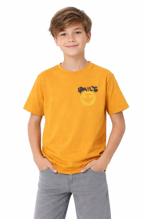 Erkek Çocuk Önü Sırt Smile Yazı Ve Resim Desenli Turuncu Renk Kısa Kol Tişört