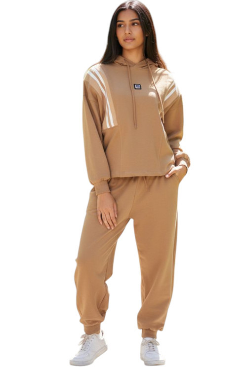 Kız Çocuk Çizgi Şerit Detaylı Kapüşonlu Jogger Model Açık Kahverengi Renk Eşofman Takımı