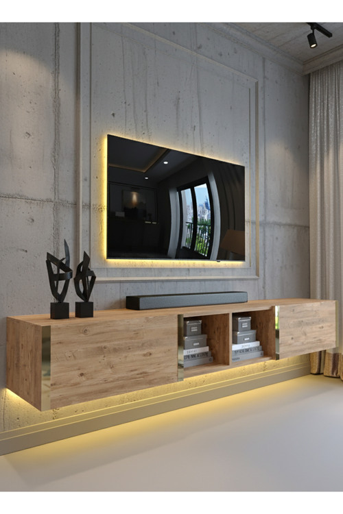 KARNAVAL LEDLİ DUVARA MONTE TV SEHPASI 180 CM - ÇAM - GDM-1005-6