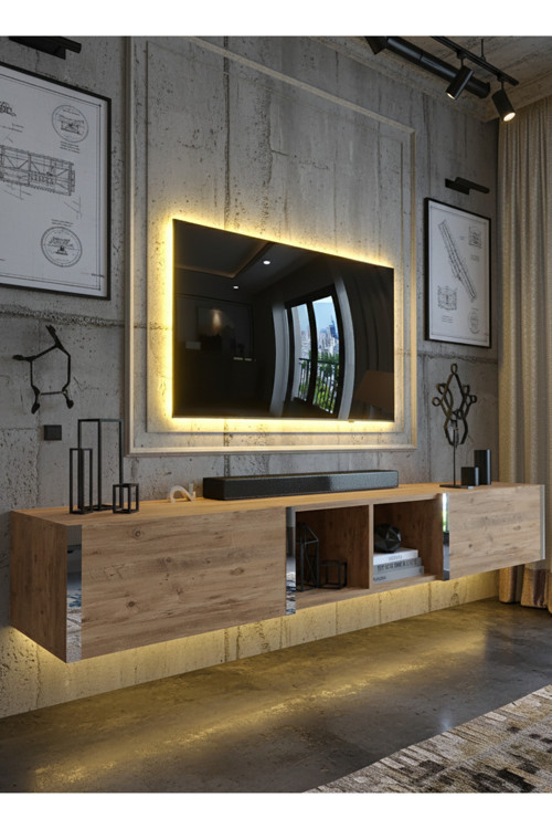 KARNAVAL LEDLİ DUVARA MONTE TV SEHPASI 180 CM - ÇAM - SDM-1005-6