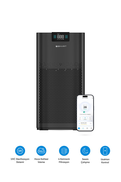Akıllı Hava Temizleyici Pro H13 HEPA Filtreli 450 m3 UV Negatif İyonlu Wi-Fi Kontrollü 54 m2