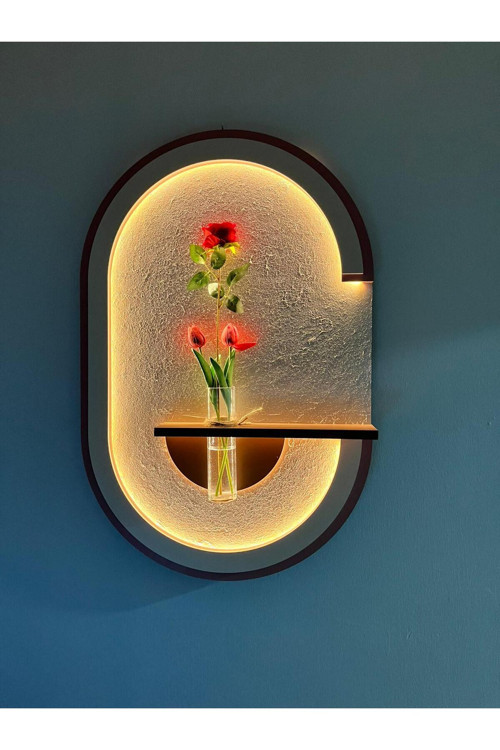 Led Işıklı Ahşap Duvar Çiçekliği - Modern Duvar Panosu 55X85Cm