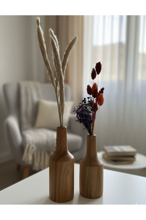 Doğal Ahşap Dekoratif Vazo Seti (20Cm-17Cm) 2 Parça
