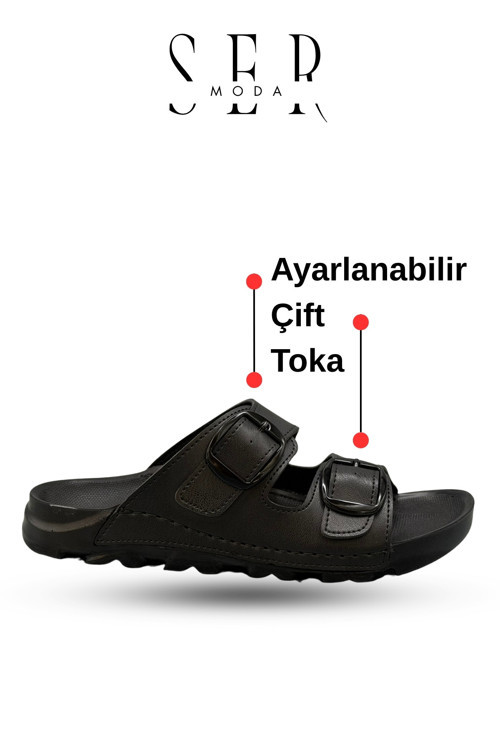 Kadın Terlik – Esnek Anatomik Tabanlı Ayarlanabilir Çift Tokalı Kadın Terlik Siyah