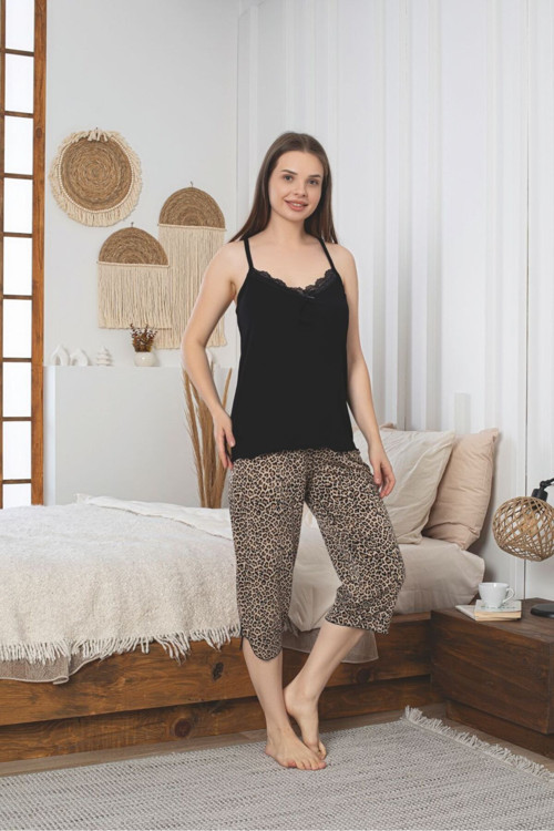 Kadın Likralı Penye Askılı Kapri Pijama Takımı