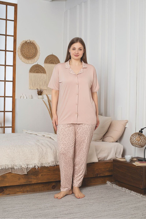 Boydan Düğmeli Büyük Beden Likralı Bambu Pijama Takımı